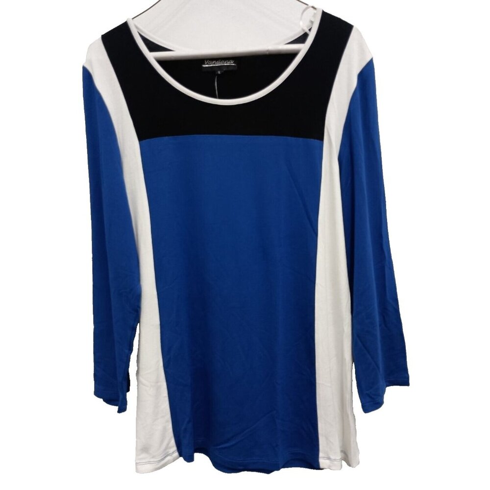 Vandana Lagenlook Tunic Top Womens Large Blue Black Colorblock 3/4 Sleeve Artsy